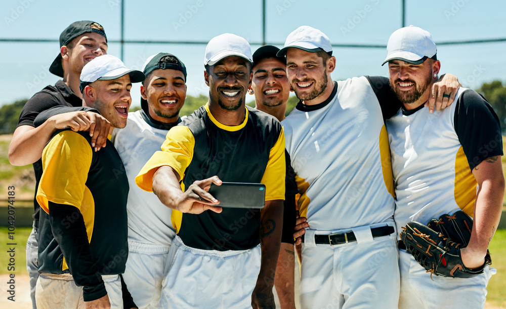 Wall mural sport, baseball and team with selfie on field for competition training, social media and professiona