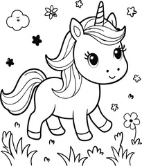 Cute kawaii unicorn line art coloring page, kids coloring book. Generative Ai