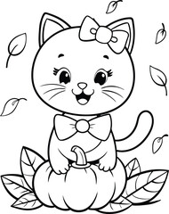 Hand-drawn Cat sitting pumpkin Spooky line art coloring page, kids coloring book