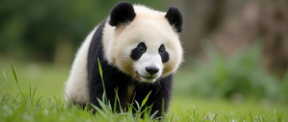 Obraz premium Close up of a pretty panda in the park beautiful panda bear in the grass portrait of a panda