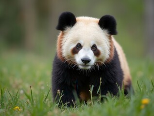 Close up of a pretty panda in the park beautiful panda bear in the grass portrait of a panda