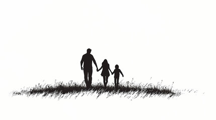 Silhouette of a family holding hands walking on a white background. Minimalist Silhouette. Illustration