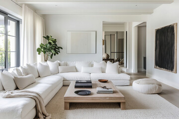 Fototapeta premium Modern living room interior featuring a spacious white sectional sofa and stylish decor, designed for comfort in a serene setting. Generative AI