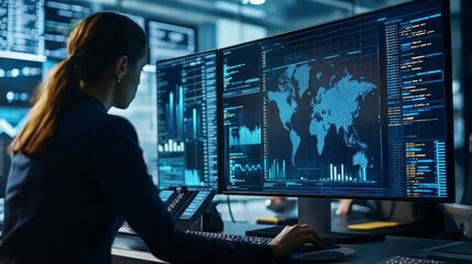 Fototapeta premium Business professionals using AI software technology to analyze and display complex data sets on computer screens, ultra-realistic.