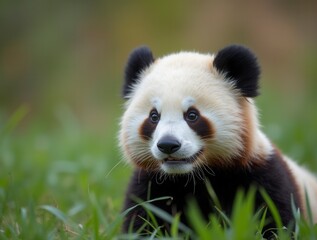 Fototapeta premium Close up of a pretty panda in the park beautiful panda bear in the grass portrait of a panda