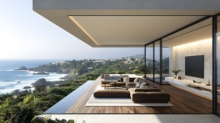 Fototapeta premium Luxury living room with ocean view, large glass door, big brown sofa, wooden terrace, and sleek TV on white wall