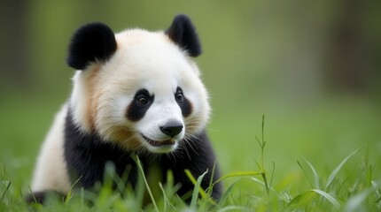 Fototapeta premium Close up of a pretty panda in the park beautiful panda bear in the grass portrait of a panda
