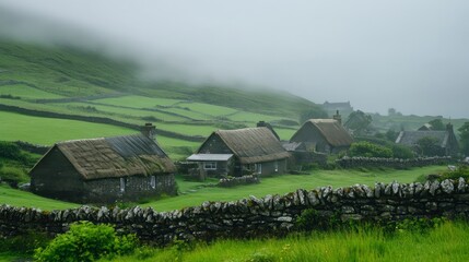 A rustic village in Ireland surrounded by lush greenery