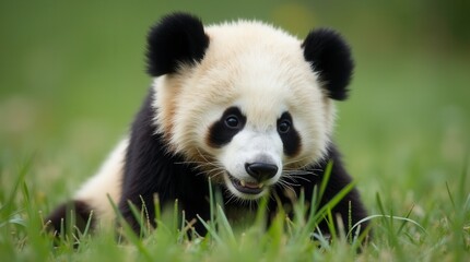 Fototapeta premium Close up of a pretty panda in the park beautiful panda bear in the grass portrait of a panda