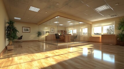 Spacious business hall with glass partitions, open layout, and modern office furniture, 3D rendered design