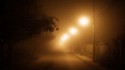 Mysterious foggy street at night with glowing streetlights