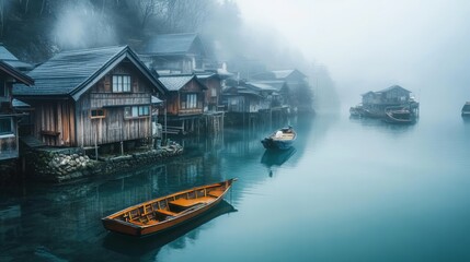 Fototapeta premium A serene fishing village in Japan with traditional wooden boats