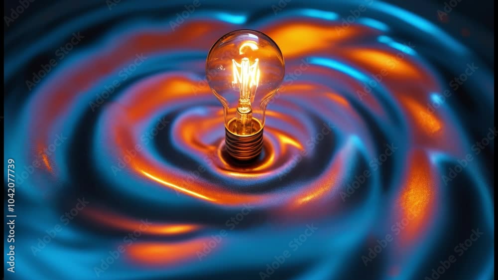 Aufkleber A single lightbulb, illuminated from within, rests upon a swirling symphony of iridescent liquid, creating a dynamic spectacle of color and form