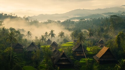 A village in Indonesia with bamboo houses and lush rice fields