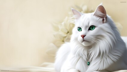 Fototapeta premium Elegant white cat sitting in a serene setting by the window