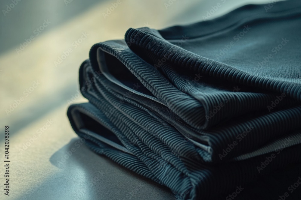 Aufkleber A selection of minimalist sportswear is meticulously folded and arranged on a smooth tabletop, illuminated by soft natural light. Generative AI