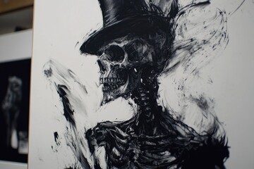 Monochrome skeleton painting in top hat suit