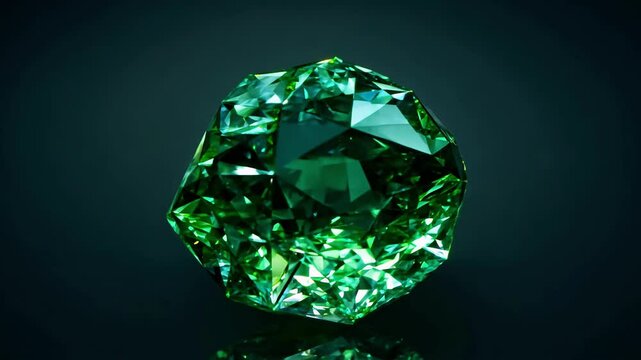 Shimmering Green Emerald Gemstone Facet Cut Against Dark Background. Concept of Luxury, Natural Beauty, Elegant Jewel. Rotating faceted gemstone on a solid background