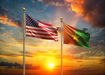 USA and Burkina Faso Flags Waving in Low Light Photography for Cultural Exchange and Unity