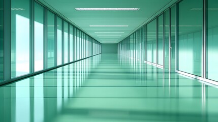 Professional business hall with bright lighting, polished floors, and glass partitions, 3D rendering of a modern office