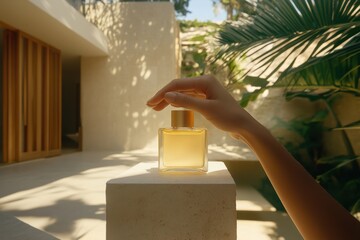 Elegant perfume bottle in natural light with tropical foliage backdrop