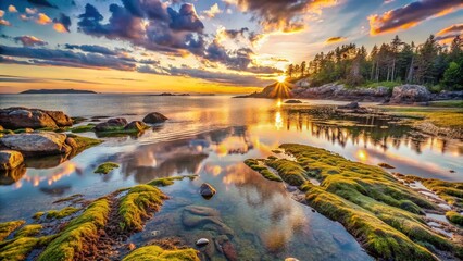 Obraz premium Very Low Tide in Maine - Serene Coastal Landscape with Exposed Rocks and Seaweed