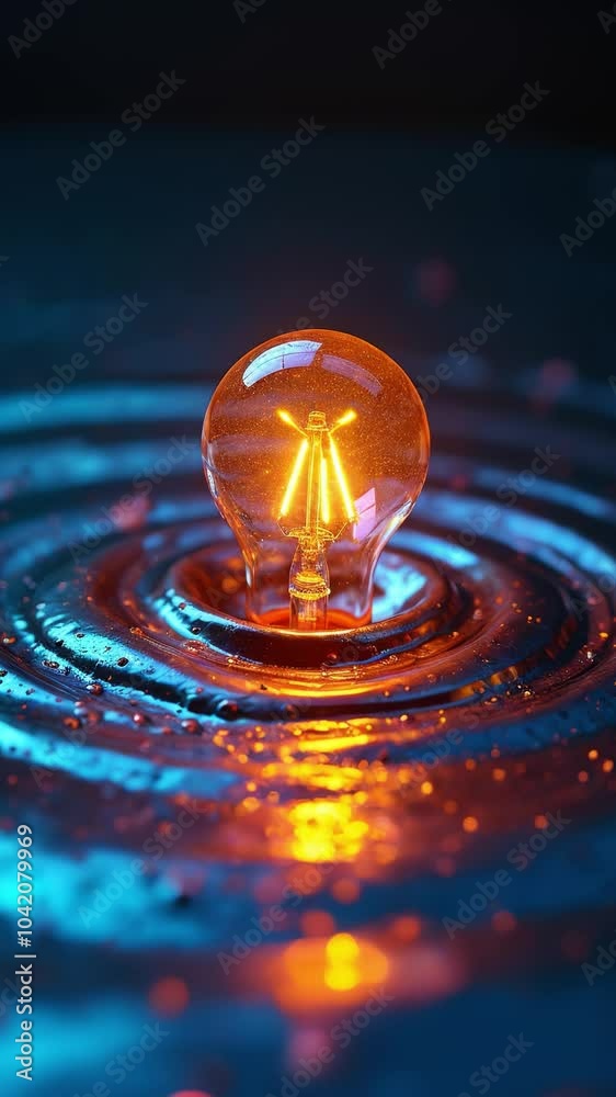 Aufkleber A single lightbulb, illuminated from within, rests upon a swirling symphony of iridescent liquid, creating a dynamic spectacle of color and form