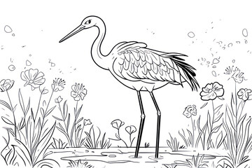 Fototapeta premium Crane, coloring page for kids, line art, black and white.