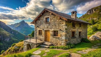 Fototapeta premium Cozy stone house surrounded by mountain landscape with tilted angle view