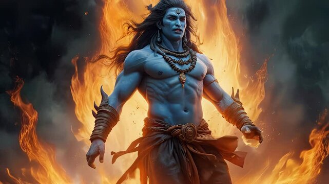 powerful hindu deity Shiva standing tall with fiery background, radiating strength and spirituality in vibrant colors in fire and flames