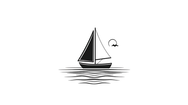 simple black vector art design of sailboat on calm waters, with sun and mountains in background, evokes sense of tranquility and adventure