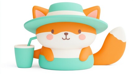 A cute cartoon fox wearing a green hat and shorts, holding a drink with a straw.