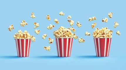 Popcorn icons with different sizes of buckets and scattered popcorn, ideal for snack or movie illustrations.