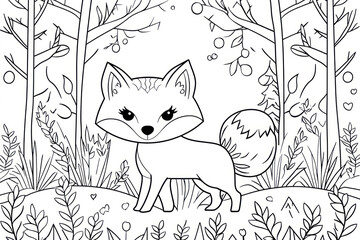 Obraz premium Fox, coloring page for kids, line art, black and white.