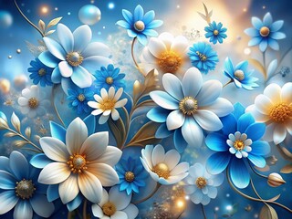 Obraz premium Vibrant Blue, White, and Gold Flowers in Surreal Photography with Celshaded Effect for Playful Aesthetic