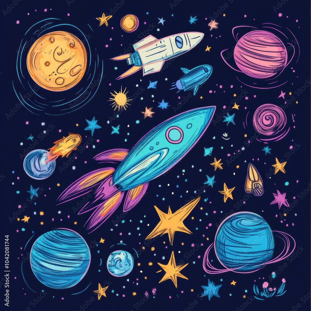 Poster explore a whimsical universe filled with colorful doodles of rockets, planets, stars, and asteroids 