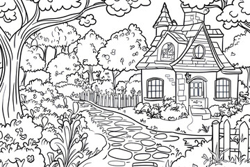Obraz premium Magical garden, coloring page for kids, line art, black and white.