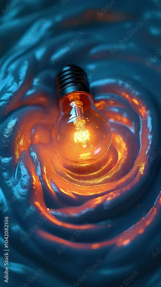 Aufkleber A single lightbulb, illuminated from within, rests upon a swirling symphony of iridescent liquid, creating a dynamic spectacle of color and form