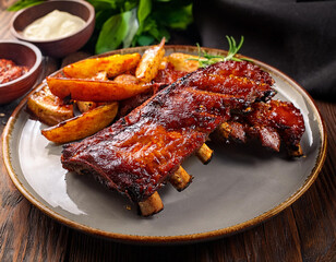 Close-up with baked pork ribs on a plate