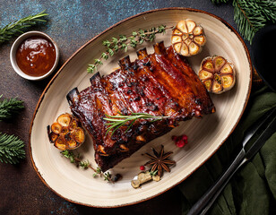 baked pork ribs on the plate