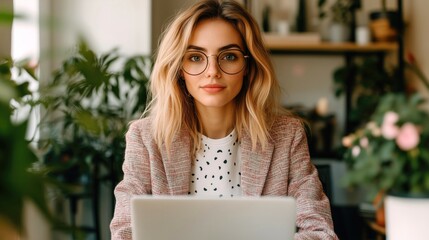 Young woman working on laptop in cozy indoor setting surrounded by plants and books, wearing glasses and casual outfit, warm tones create a friendly and inviting atmosphere