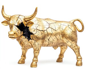 Fototapeta premium Golden bull statue cracked and falling apart, symbolizing the end of a market rally