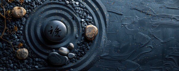 Yin-Yang symbol designed in a black sand garden, surrounded by smooth stones and natural elements. Free copy space for text.