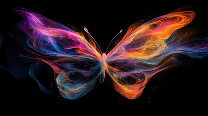 vibrant butterfly with swirling colors of orange, pink, and blue against dark backdrop creates mesmerizing visual effect. dynamic flow of colors evokes sense of beauty and transformation