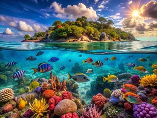 Naklejka premium Vibrant Coral Reef Underwater Paradise Aerial Photography for Marine Life Exploration and Conservation