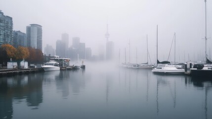Naklejka premium The harbor in Toronto surrounded by morning mist