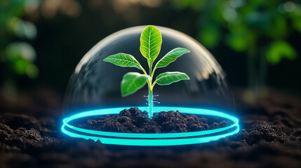 young plant sprouting with protective digital energy dome, generative ai