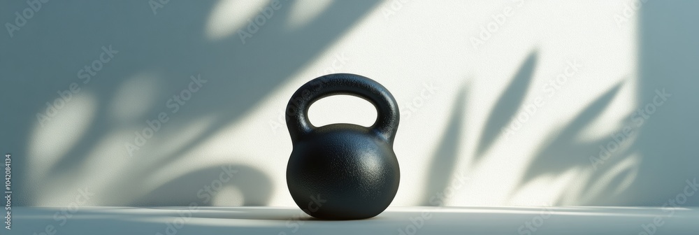 Poster a black kettlebell stands prominently on a light surface, surrounded by gentle shadows, creating a s