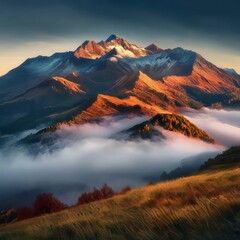 Fototapeta premium Brightly colored alpine peak shrouded in fog