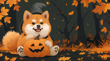 Fototapeta premium Cute Akita Inu in a witch hat holding a pumpkin, autumn leaves falling, Halloween vibe